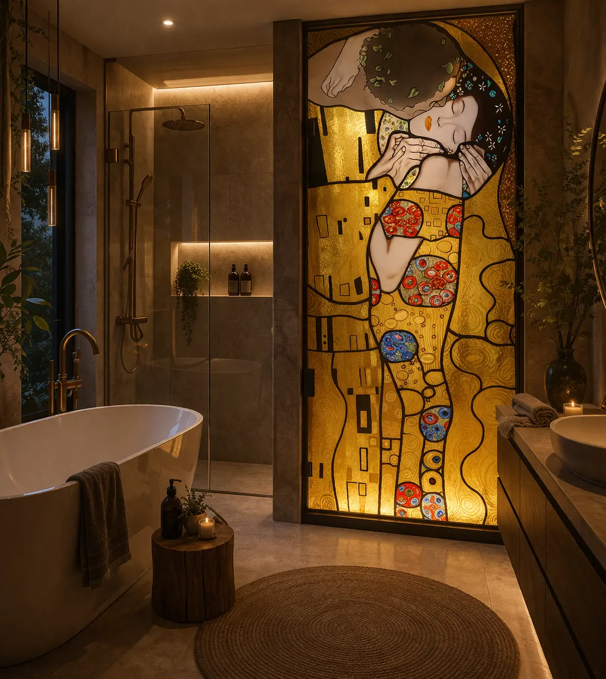 Finestra ovale in vetro artistico per bagno di lusso con motivi dorati alla Klimt
