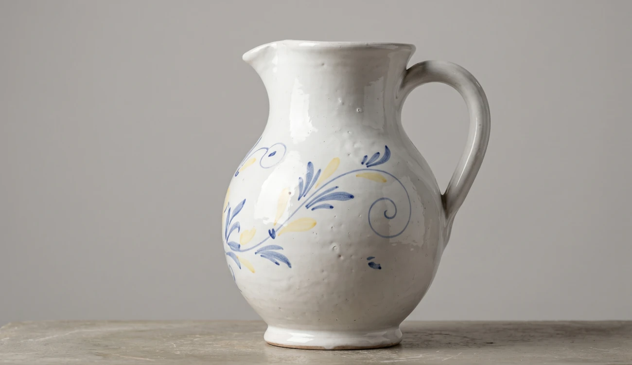 Vaso in maiolica bianca di Faenza decorato in stile compendiario blu e giallo