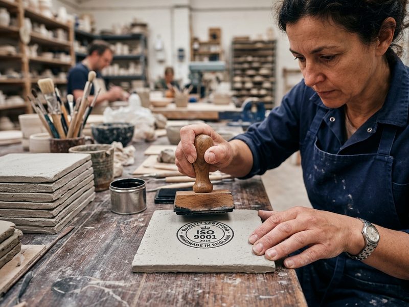 hand stamping quality certification mark on ceramic tile, close-up, professional workshop setting