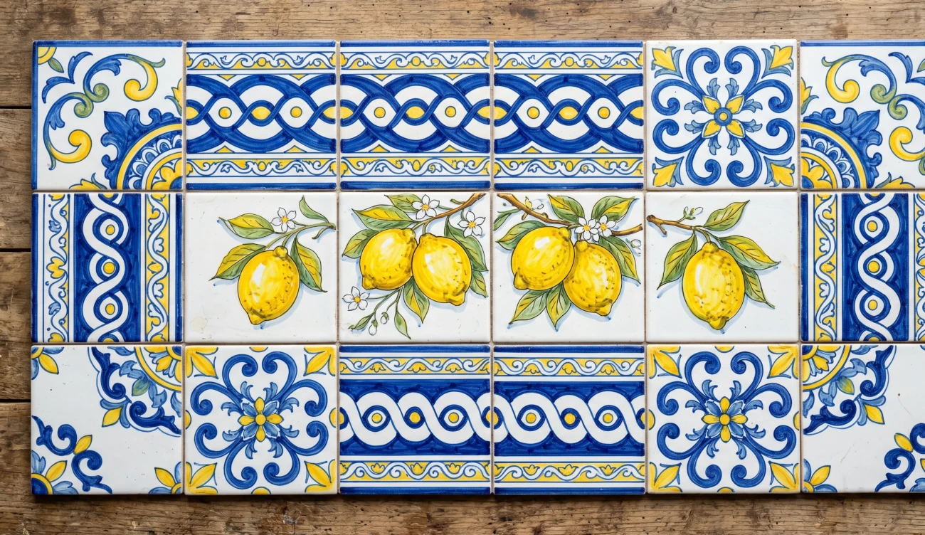 Piastrelle in ceramica di Vietri sul Mare dipinte a mano con motivi mediterranei in blu cobalto e giallo