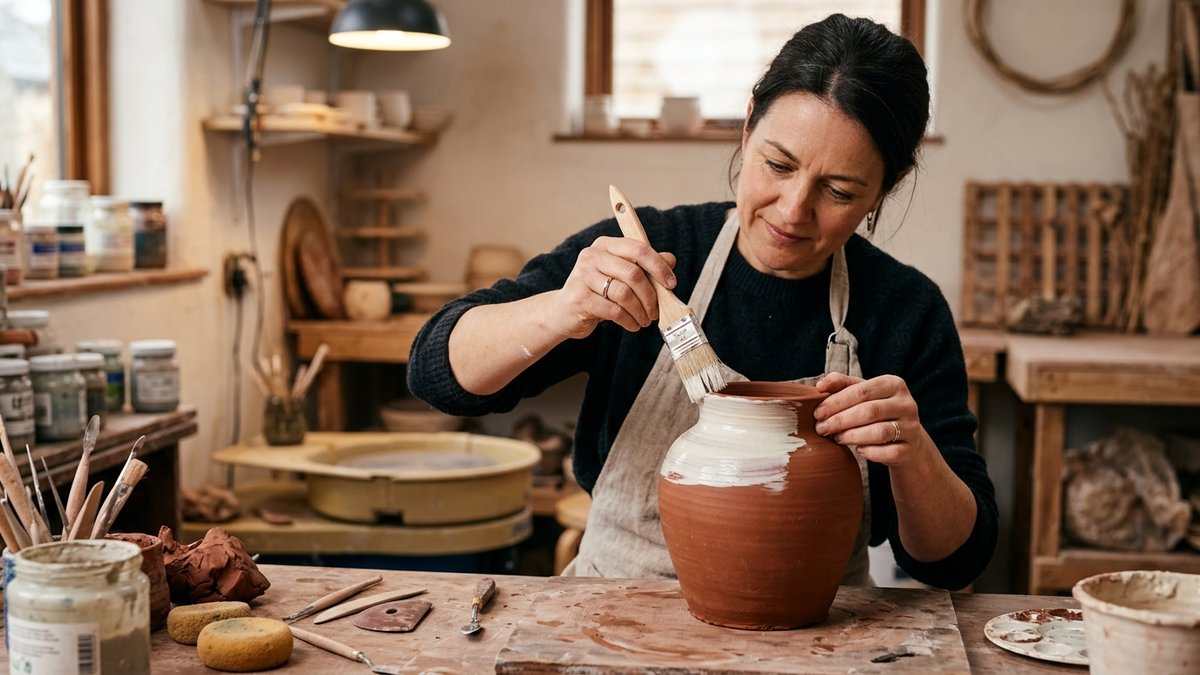 Applicazione di engobbio bianco su un pezzo ceramico in argilla rossa