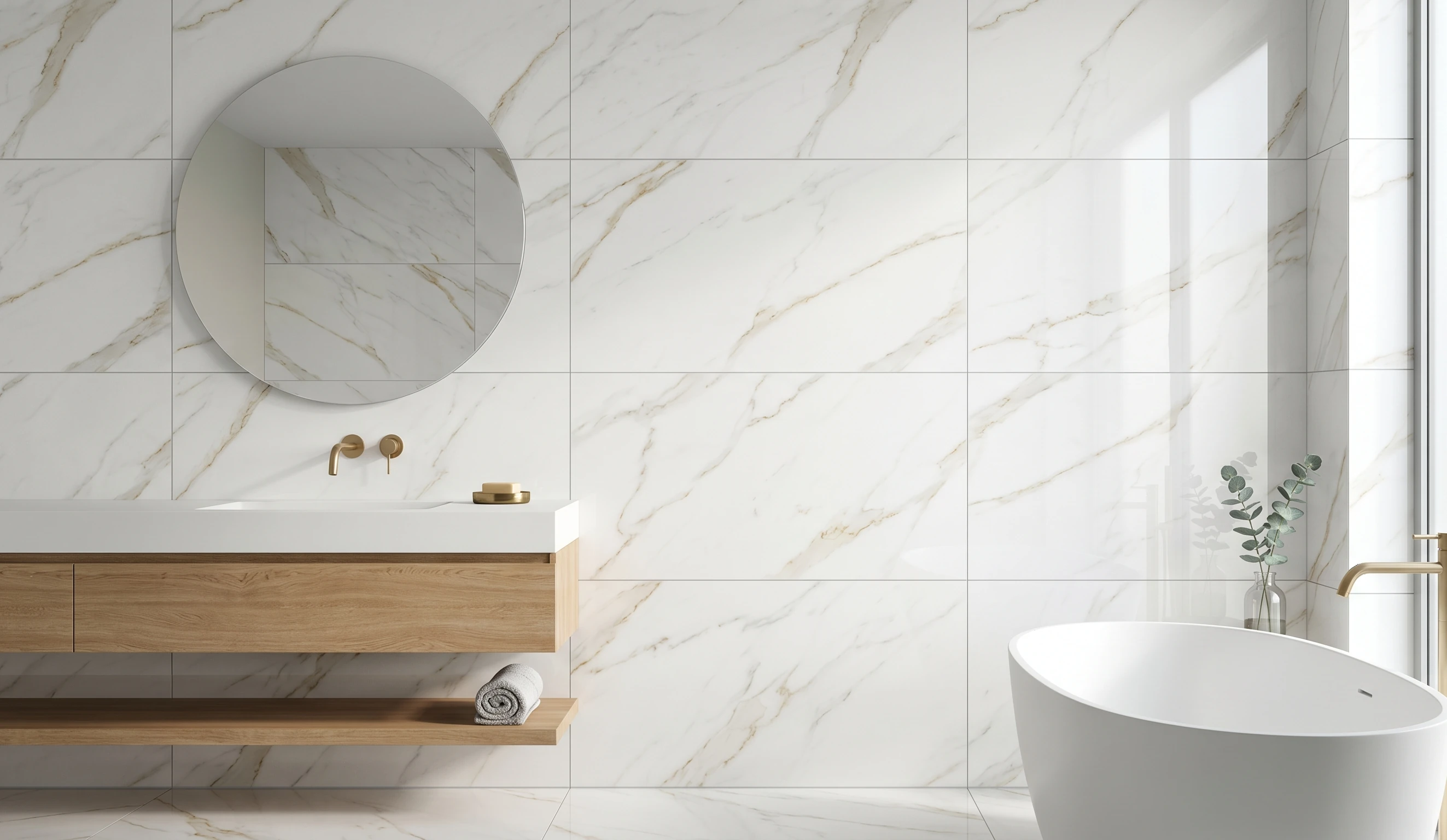 Bagno con gres porcellanato effetto Calacatta bianco venato oro