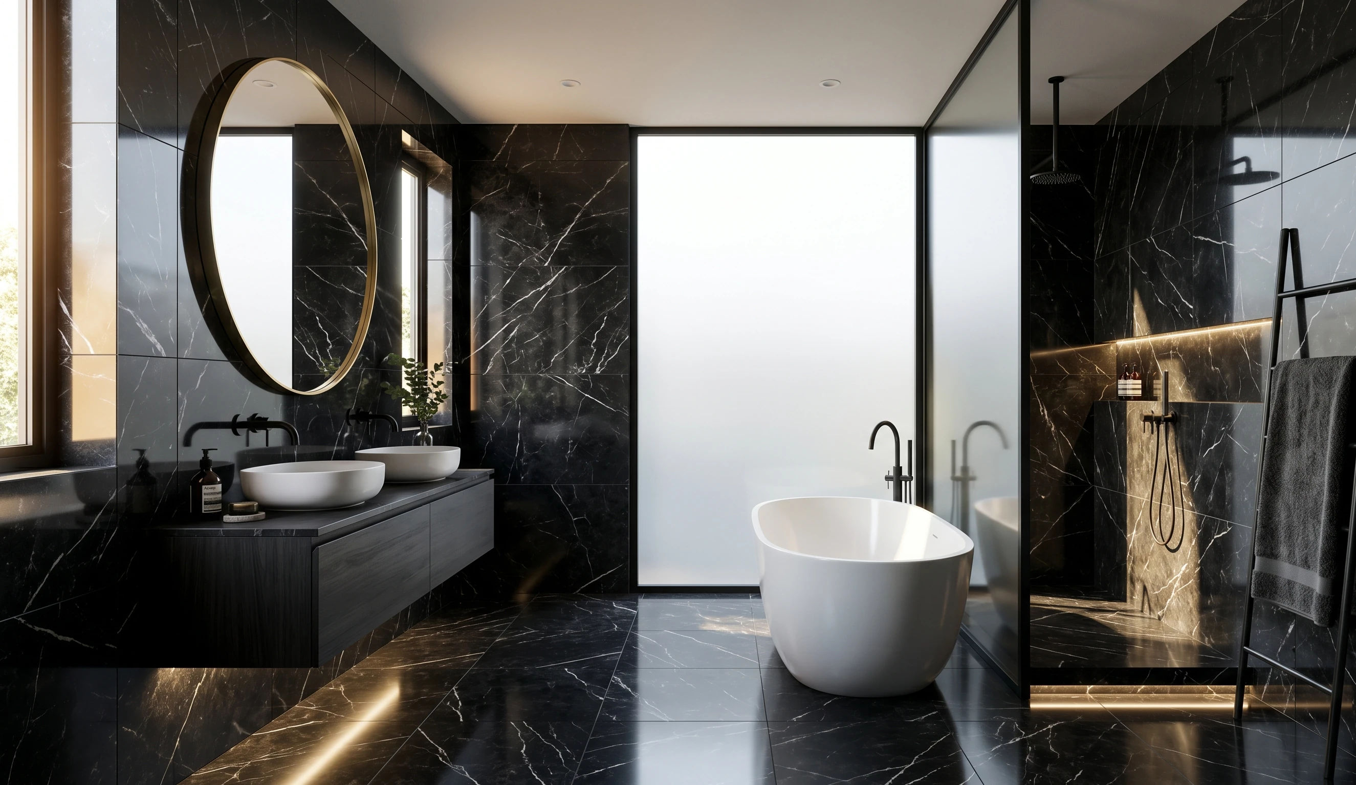 Bagno moderno con gres porcellanato effetto Marquinia nero venato bianco