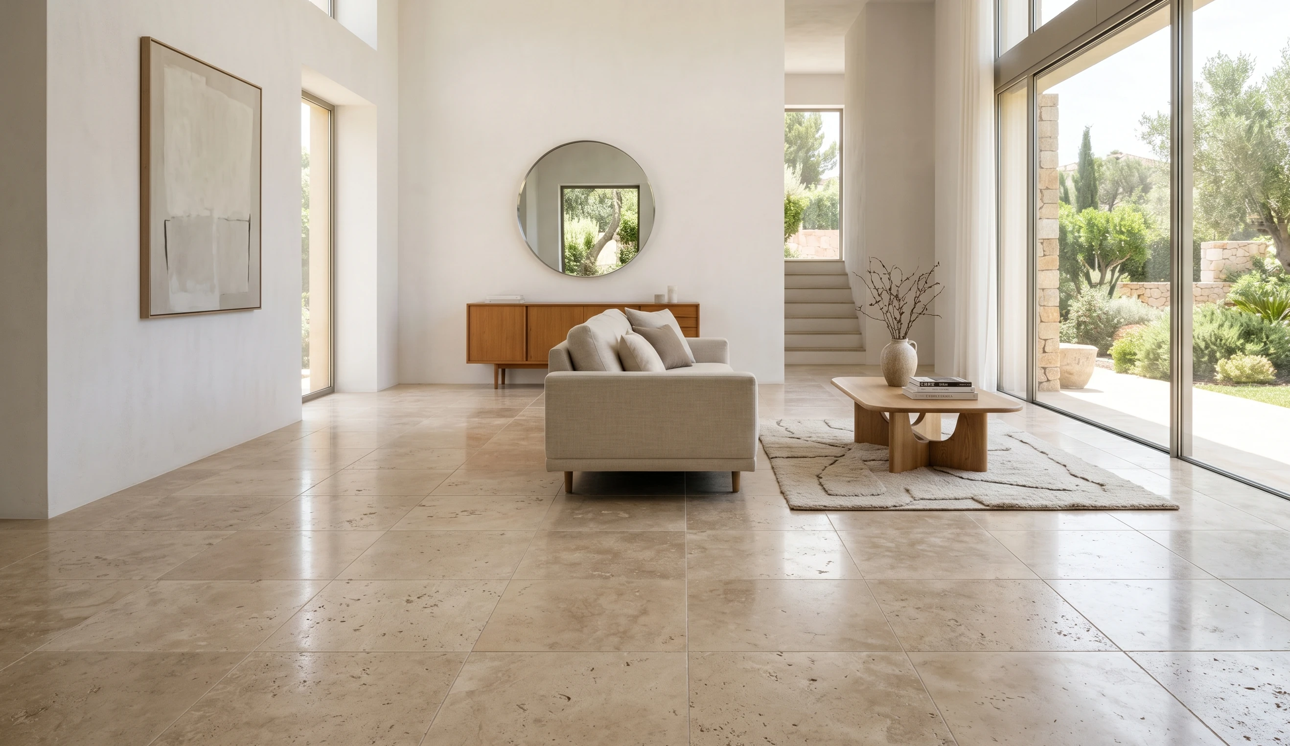 Soggiorno con pavimento in gres porcellanato effetto travertino beige