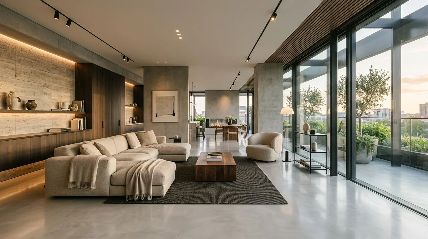 Pavimentazione continua e moderna in microcemento grigio chiaro levigato in un salotto minimalista