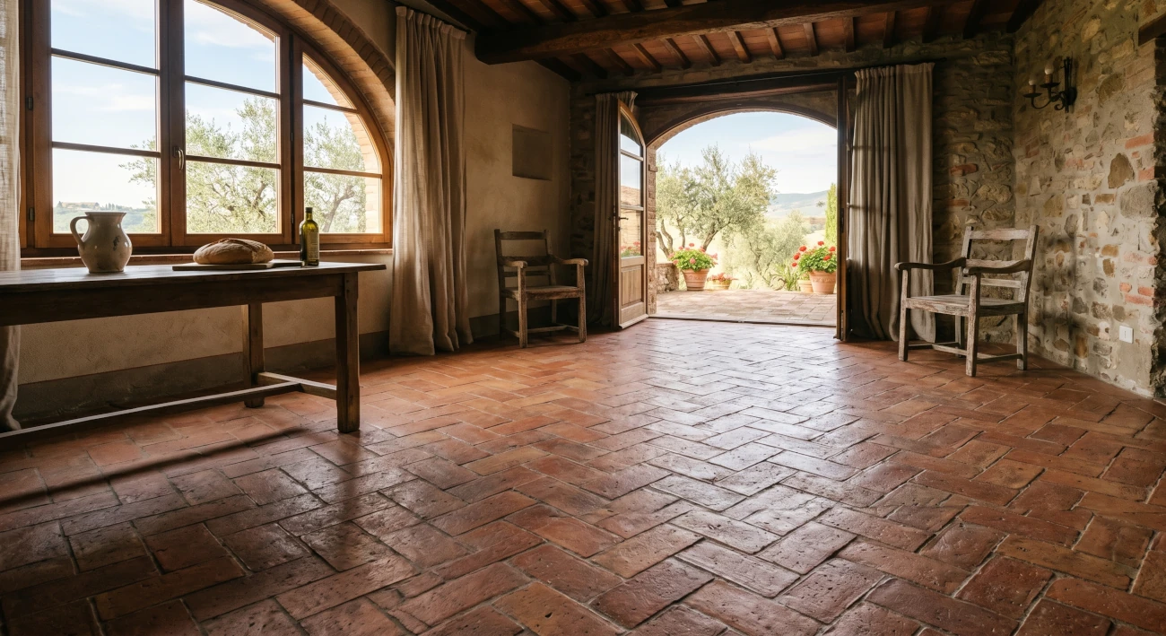 Pavimento in cotto toscano artigianale con posa a spina di pesce in villa storica