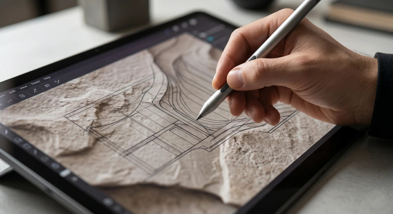 Fase di tracciamento vettoriale manuale pulito su tablet professionale per esportazione DXF e calcolo tolleranze