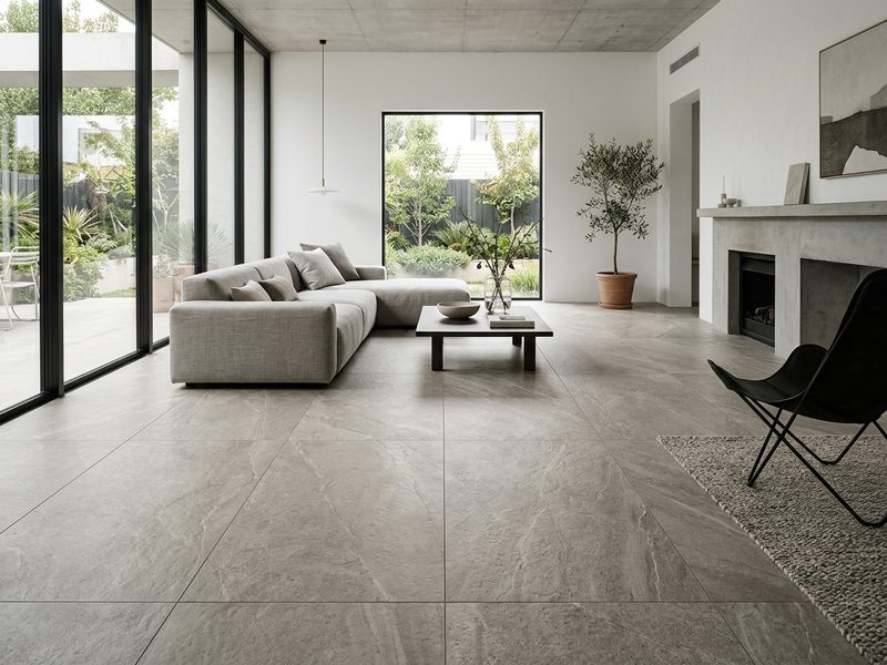 living room floor large format ceramic slabs, stone-look, minimal furniture