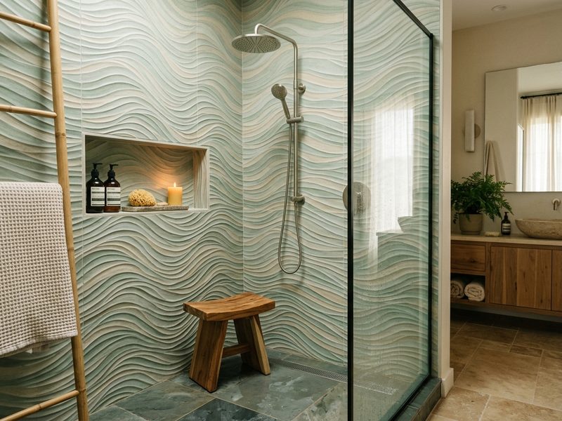 bathroom shower wall ceramic tiles organic wave pattern, spa atmosphere