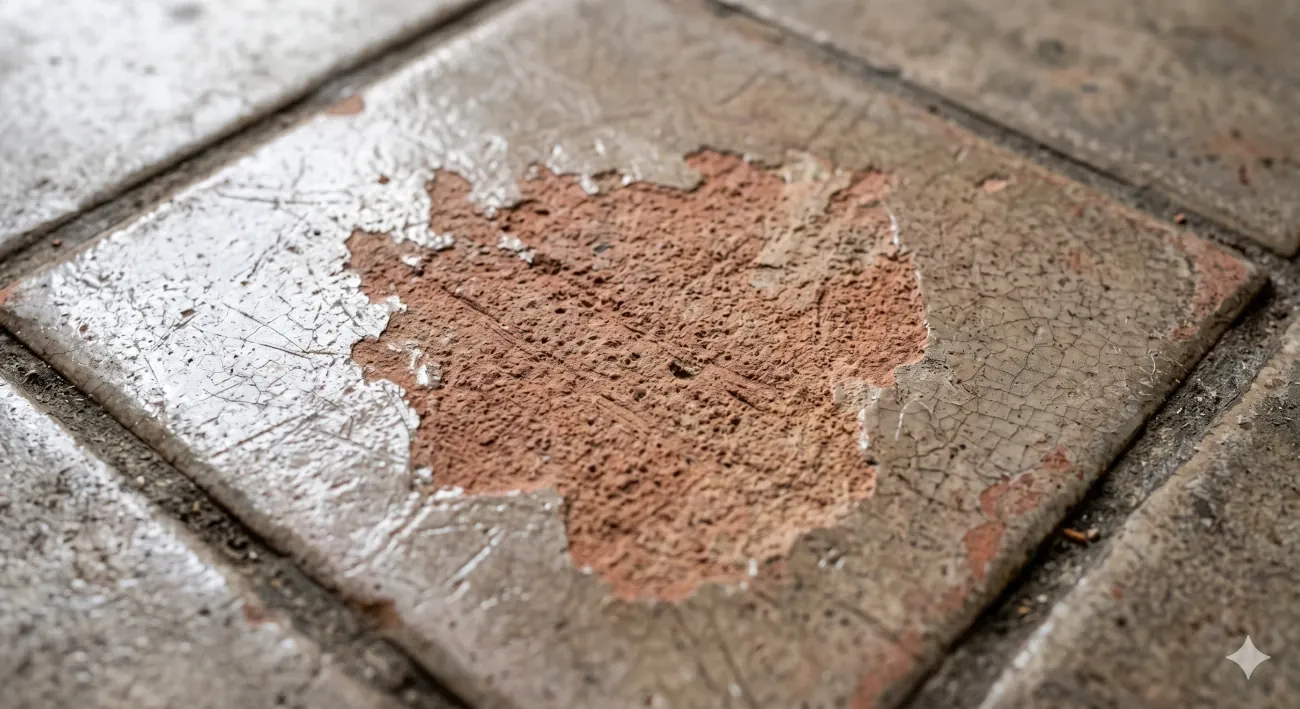 Dettaglio ravvicinato di usura dello smalto su piastrella in bicottura ceramica dopo anni di calpestio